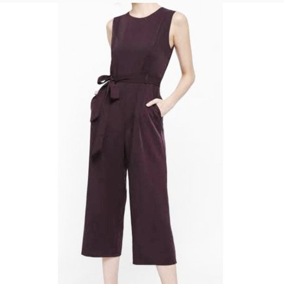 Calvin Klein Dark Purple Sleeveless V Neck Wide Leg Crop Pocket Jumpsuit Size 8 - Picture 1 of 11